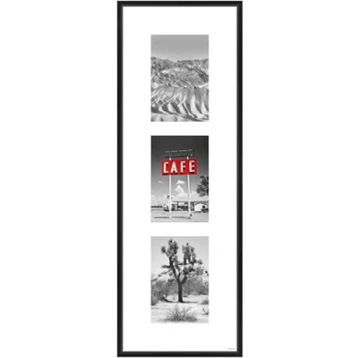 Image of nielsen Gallery Junior Photo Frame, 20x60cm with White Mount for 3 Pictures 4x6, Black Aluminium Picture Frame Protective Float Glass and Push Turn Clips Matt