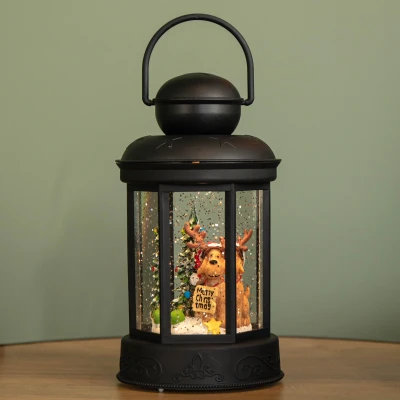 Image of 18cm Battery Operated LED Christmas Glitter Water Spinner Black Lantern Dog &amp; Tree Scene