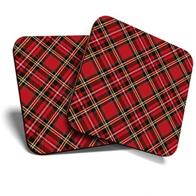 Image of Great Coasters (Set of 2) Square/Glossy Quality Coasters/Tabletop Protection for Any Table Type Red Tartan Scottish Fabric Scotland #15842