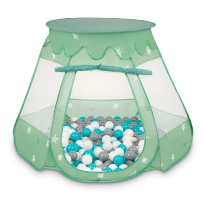Image of Selonis Play Tent 105X90cm/100 Balls Castle House Pop Up Ballpit Plastic For Kids, Mint:Grey/White/Turquoise