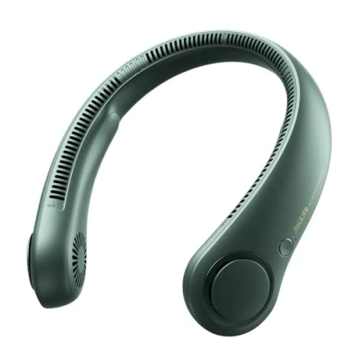 Image of JISULIFE Portable Neck Fan, Rechargeable Hands Free Bladeless 4000 mAh Battery Operated Wearable Personal Leafless, Headphone Design, USB Powered Desk 78 air outlets, 5 Speeds Green