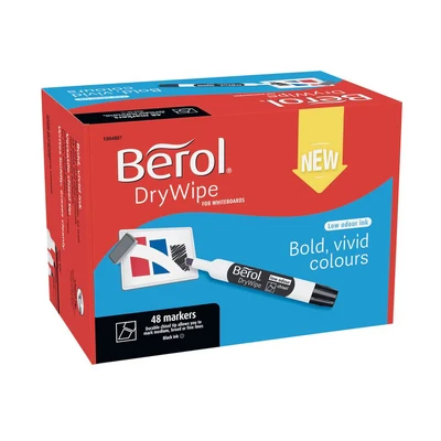 Image of Berol DryWipe Whiteboard Marker Pens Chisel Tip Black Low Odour Ink 48 Dry Erase Markers