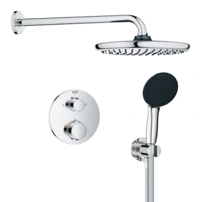 Image of GROHE Precision Concealed Shower System with Thermostat for 2 Outlets (Integrated Shut Off/Diverter Valve, Head 25cm, Hand Sprays 11cm, Hose 1.5m, Square Trim), Matt Black, 348822430