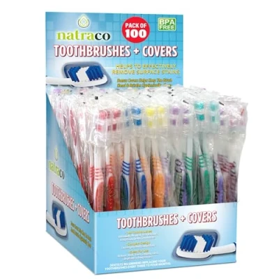 Image of natraco Bulk Toothbrush Pack with Covers Premium Quality Individually Wrapped Colorful Tooth Brushes Medium Soft Bristles for Travel, Donations, Hotels (100)