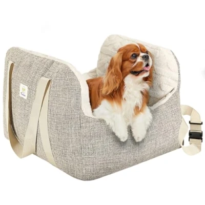 Image of Pawaboo Dog Booster Car Seat for Small Dogs, with Fixed Buckle and Safety Leash, Thickened Bed Seat, Pet Travel Carrier Puppy Car, Up to 25lbs, Brown+Beige