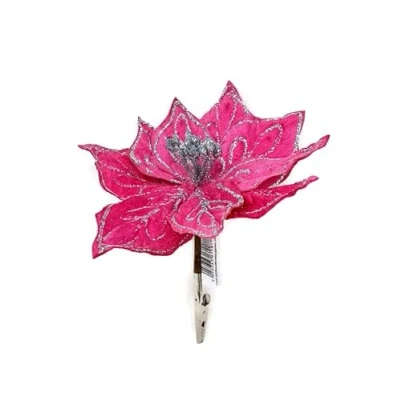 Image of Clip On Glitter Artificial Poinsettia x 18cm Hot Pink Christmas Decoration