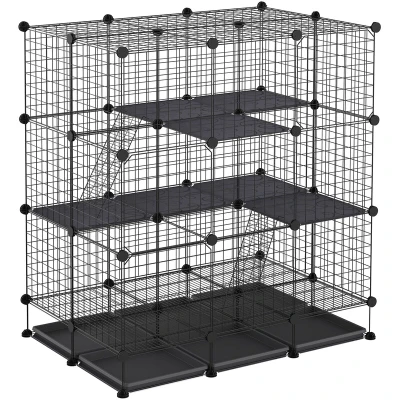 Image of PawHut 3 Level DIY Pet Playpen Metal Small Animal Cage Rabbit Ferret Chinchillas 4 Doors Bottom Trays Black