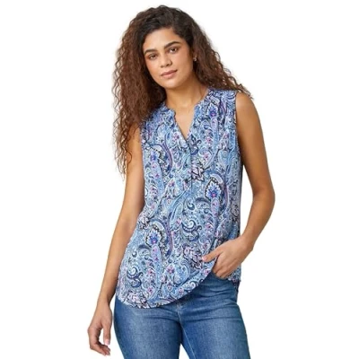 Image of Roman Originals Pintuck Sleeveless Shirt for Women UK Ladies Summer Top Smart Blouse Stretchy Jersey T Casual Spring Holiday Party Beach Vacation Everyday Notch Neck Blue White Pink Size 18