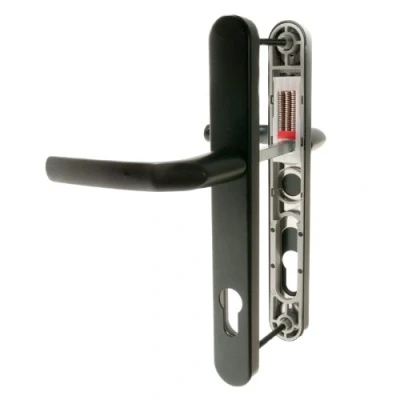 Image of Hoppe Black &#039;Birmingham&#039; Pair Handle 92PZ or 92mm Sprung Lever UPVC Door Set, PVC PVCu centre to fixings 215mm