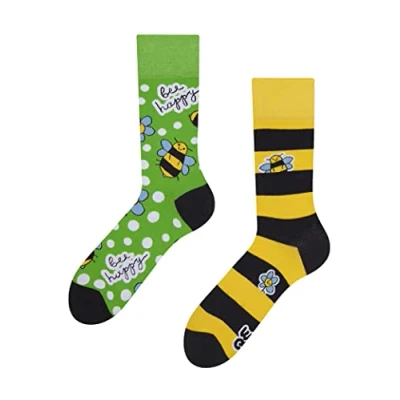 Image of Dedoles Unisex Socks for Women, Men &amp; Kids Cotton Funny Designs Football Bicycle Horses Plants Firefighter Gift Mismatched, Design: Bee Happy, Colour: Green, Size: 6 8K UK
