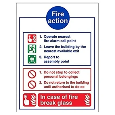 Image of V Safety 12012AN S General Fire Action Break Glass Sign Portrait 150mm x 200mm Self Adhesive Vinyl, Blue/Green/Red