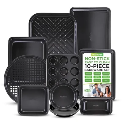 Image of NutriChef 10 Piece Non Stick Baking Pans Set Deluxe Carbon Steel Bakeware w/Cookie Sheets, Muffin Pan, Roasting Cake Tray, Pizza Pan Easy to Clean, Black
