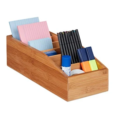 Image of Relaxdays Bamboo Storage Box, 6 Compartments, Universal Office, Bathroom or Kitchen Organiser, HxWxD: 10x14x35cm, Natural