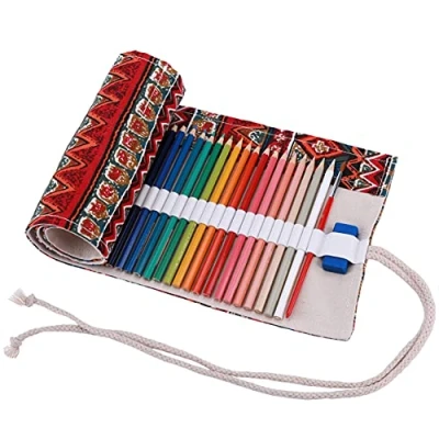 Image of Amoyie Hand Roll Up Pen Bag Canvas Organiser for 48 Coloring Pencil Artist Carrier Wrap Kid Adult
