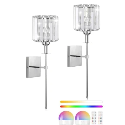 Image of ANUOMY Cordless Extra Long Crystal Glass Wall Lamp Wireless Battery Operated Sconces Set of 2, Not Hardwired Sconce Powered Rechargeable Lights for Living Room Hallway Bathroom