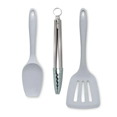 Image of Zeal JSET27S Non Stick Silicone Spatula Spoon, Cooking Tongs &amp; Turner 3 Piece Set French Grey