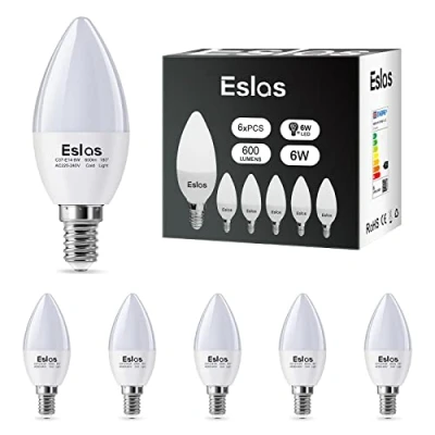 Image of Eslas 6W E14 LED Candle Light Bulb, Cool White 6000K, C37 600lm, SES Small Edison Screw Bulbs, 60 Watt Equivalent, Non Dimmable, Pack of 6