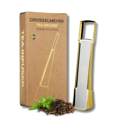 Image of DDG Drosselmeyer Infuser Stainless Steel Tea Strainer and Spoon 2 in 1 Elegant Swedish Design Gold, 17 x 9 4 cm, TIBP01G