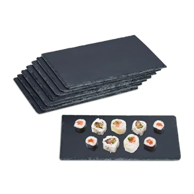 Image of Relaxdays Set of 8 Slate Platter, Rectangular Serving Plate, 26 x 16 cm, for Cheese, Sushi, Desserts, Buffet, Anthracite