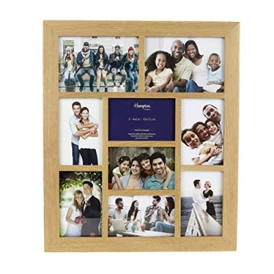 Image of Hampton Frames NEW ENGLAND 9 Aperture 7 4x6 &amp; 2 5x7 Natural Oak Multi Picture Photo Frame Acrylic (Non Glass) Front NEWOAK9APLX