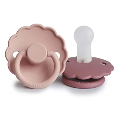 Image of FRIGG Daisy Silicone Pacifier Pack of 2 Soother Dummy BPA Free Made in Denmark Symmetrical Cherry Shaped Nipple (Blush/Dusty Rose, Size (6 18 Months))