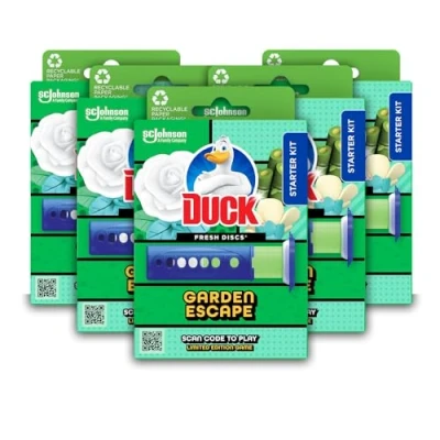 Image of Duck Fresh Discs Toilet Cleaner Starter Kit, Fights Stains &amp; Limescale, Garden Escape Fragrance, Pack of 5 Kits (Each Kit contains 1 x Holder + Refill Tube)