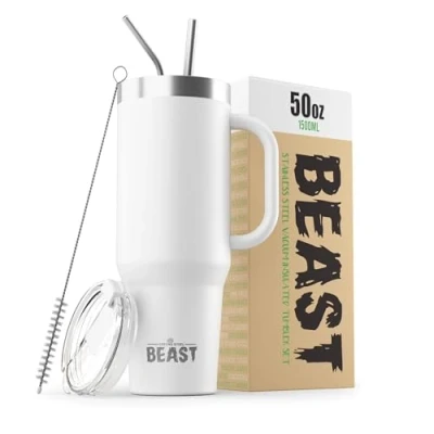 Image of Beast Tumbler 1500 ml (50 oz), Arctic White Reusable Stainless Steel, Vacuum Insulated Cup with + 2 Straws &amp; Cleaning Brush Double Wall Travel Flask Perfect for Hot or Iced Coffee BPA Free