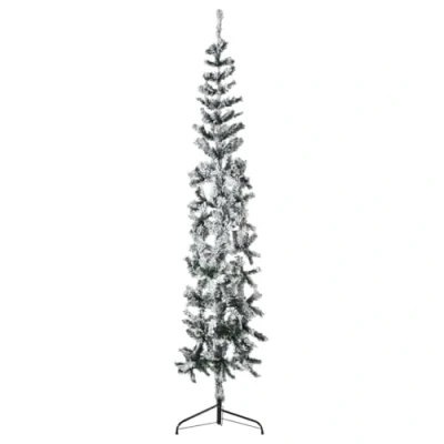 Image of &#039;vidaXL Artificial Half Christmas Tree with Flocked Snow 180 cm Tall Green and White Slim Made of PVC Steel Space Saving Xmas Decor Feature