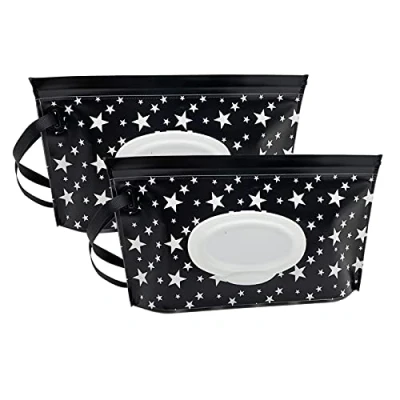 Image of Portable Baby Wet Wipe Pouch Bags, Reusable &amp; Refillable Wipes Dispenser, Eco Friendly Lightweight Travel Holder (2 Pack, Black Star)