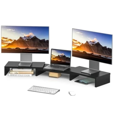 Image of RFIVER Dual Monitor Stand Riser for 2 Monitors Desktop Organizer Adjustable Length &amp; Swivel Angle Wooden Multifunctional Oraganizer Computer Laptop, PC, Computer, Printer Black