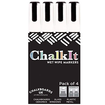 Image of Wet Wipe Liquid Chalk Pens, Chalkboard markers, Blackboard pens (White Pack of 4, 6mm), White 6mm (Pack 4)