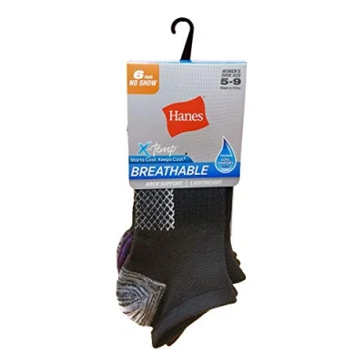Image of Hanes Women&#039;s Lightweight Breathable No Show Socks 6 Pair Pack, Black/Grey Accent Design, Shoe Size: 5 9