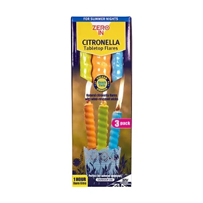 Image of Zero In Citronella Table Top Flares Beach Party 3 Pack, Scented, Colourful, Natural, Repels Mosquitoes, For Gardens and Patio Areas
