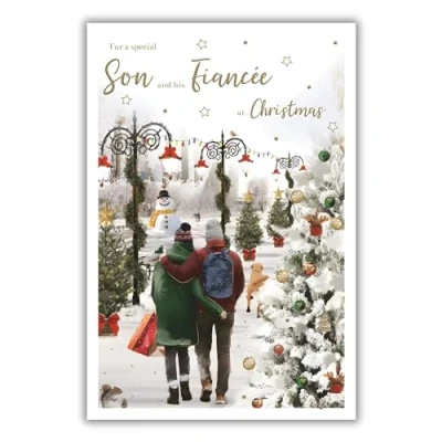 Image of ICG Son and His Fiancee Christmas Card, Single Cards with Romantic Snowy Dog Walk Artistic Festive Design Special Finishes Xmas Envelope