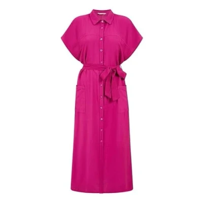 Image of Yumi Womens Pink Viscose Relaxed Midi Shirt Dress With Pockets Size 8 UK