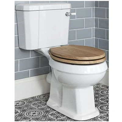 Image of Milano Richmond Traditional White Ceramic Close Coupled Toilet WC Pan and Cistern Warm Oak Seat