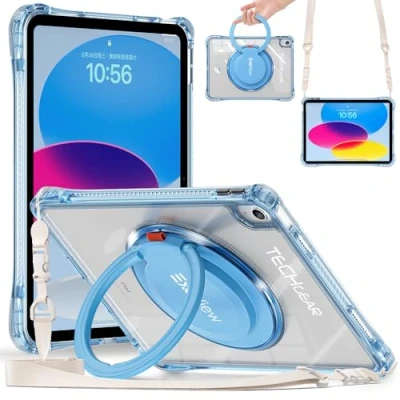 Image of TECHGEAR ExoView Case for Apple iPad 10th Generation 10.9&quot; / 10 2022, Tough Rugged Slim Shockproof Clear with Stand, 360 Rotating Ring Grip Hand Holder and Shoulder Strap Blue