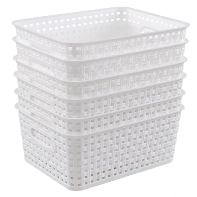 Image of Hespama 6 pack Small Kitchen Cupboard Storage Basket, Plastic Weave Basket Set, White