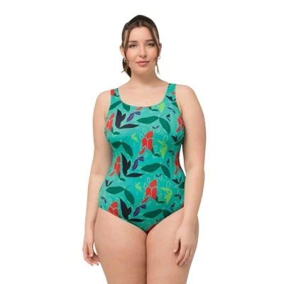 Image of Ulla Popken Women&#039;s Alice Softline 827763 Leaves in Water Swimsuit One Piece, Green, 38 40