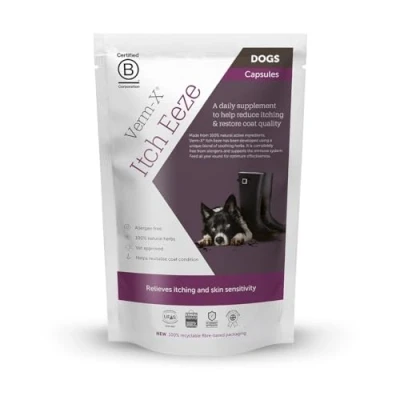 Image of Verm X Itch Eeze for Dogs. All Natural Daily Supplement to Reduce Itching and Restore Coat Quality. Allergen free. Supports Immune System Clear 50gm