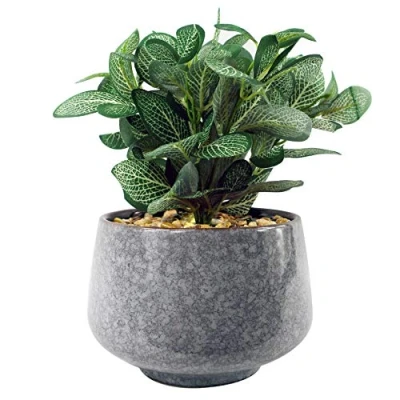 Image of Leaf Ceramic Tall Blue Planter with Artificial Office Desk Plant, Dark Green Mosaic, 23cm