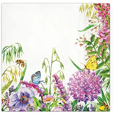 Image of Tete a 3Ply Pastel Flowery Tissue Paper Napkins Decoupage Serviettes 33cm x Pack of 20 (Wildflowers Frame)