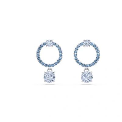 Image of Swarovski Attract drop earrings, Round cut, Blue, Rhodium plated