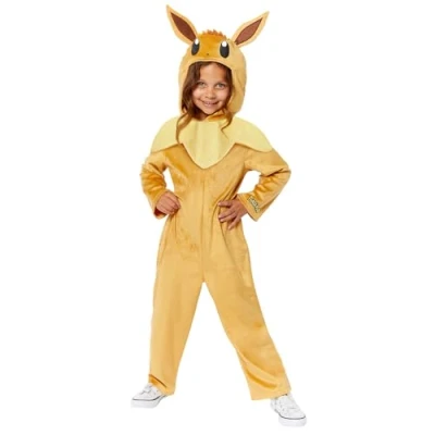 Image of amscan 9918514 Unisex Kids Official Pokémon Eevee Hooded Jumpsuit Fancy Dress Costume Age: 8 10 Yrs