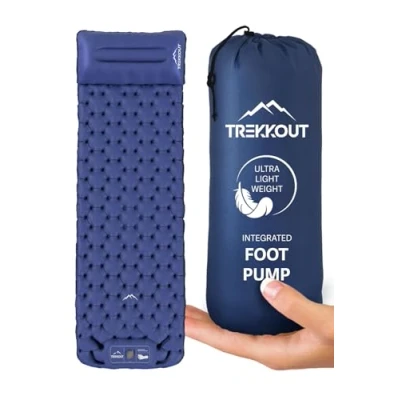 Image of TREKKOUT Ultralight Sleeping Pad with Pillow Compact Inflatable Camping Mat Built in Foot Pump Durable Waterproof Air Mattress for Camping, Hiking, Backpacking, and Travel