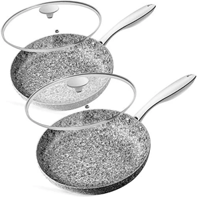 Image of MICHELANGELO 20cm &amp; 26cm Frying Pan with Lid, Set Stone Derived Coating, Non Stick Induction, Granite Pan, Oven Safe