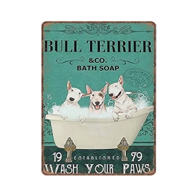 Image of DAIERCY Bull Terrier And Co Bath Soap Wash Your Paws Dog Tin Signs Funny Vintage Metal Sign Plaqu Poster Wall Art Pub Bar Kitchen Garden Bathroom Home Decor, 30x40 cm