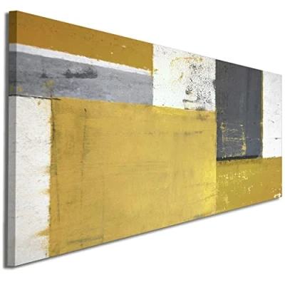 Image of Wallfillers Mustard Yellow Grey Abstract Painting Canvas Wall Art Print 1340 Small 97x40cm