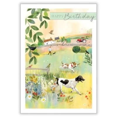 Image of General Birthday Card For Him/Her Special Finishes Countryside Farm Design Dogs and Tractor Made in the UK Eco Friendly