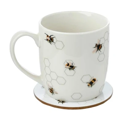 Image of Puckator The Nectars Meadow Bee Porcelain Tea Coffee Mug &amp; Coaster Set Funny Home Accessories Cute Gifts for Girlfriend Large Mugs Men Women Hot Drinks Cups Presents Secret Santa Gift Cup